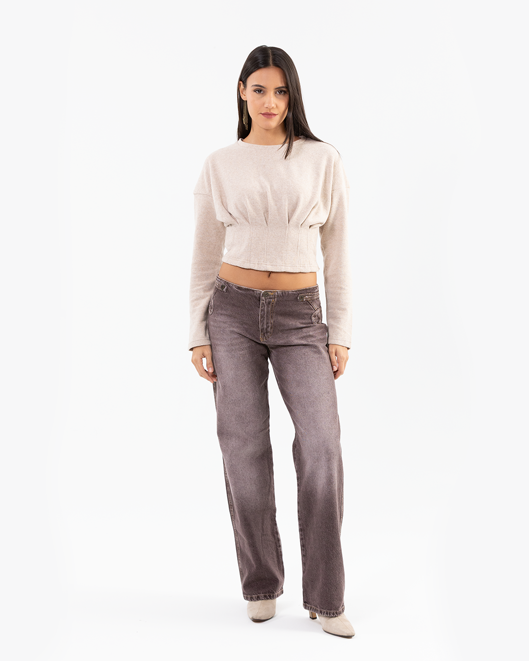 Beige Cropped Draped Sweatshirt