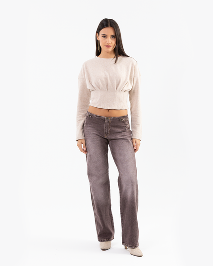 Beige Cropped Draped Sweatshirt