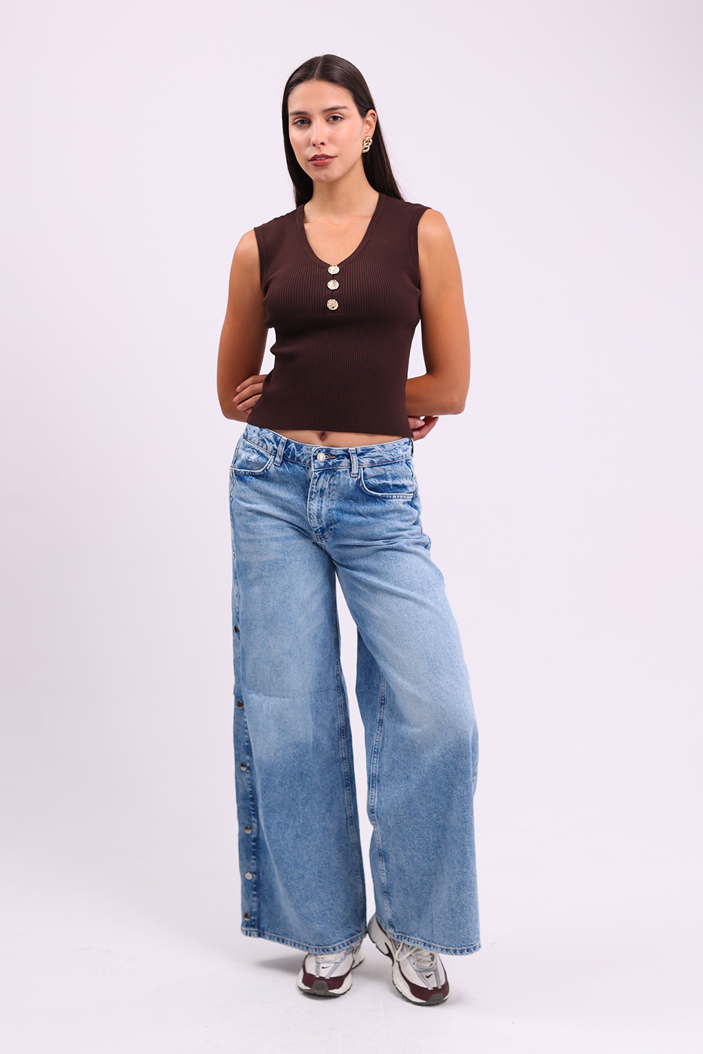 Brown V-Top with Gold Buttons
