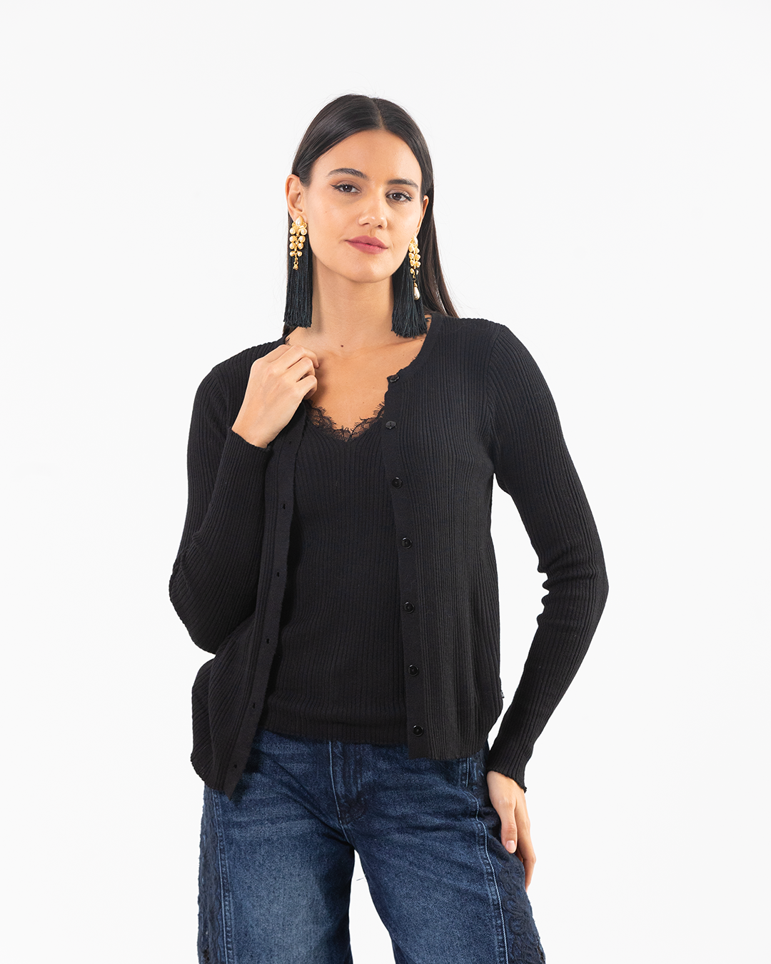 Black 2-in-1 Lace Trim Knot Top