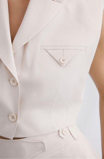 Blazer Collar Padded Crop Ecru Vest
