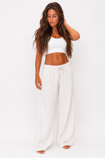 Cream Wide Leg Pants with Side Slit