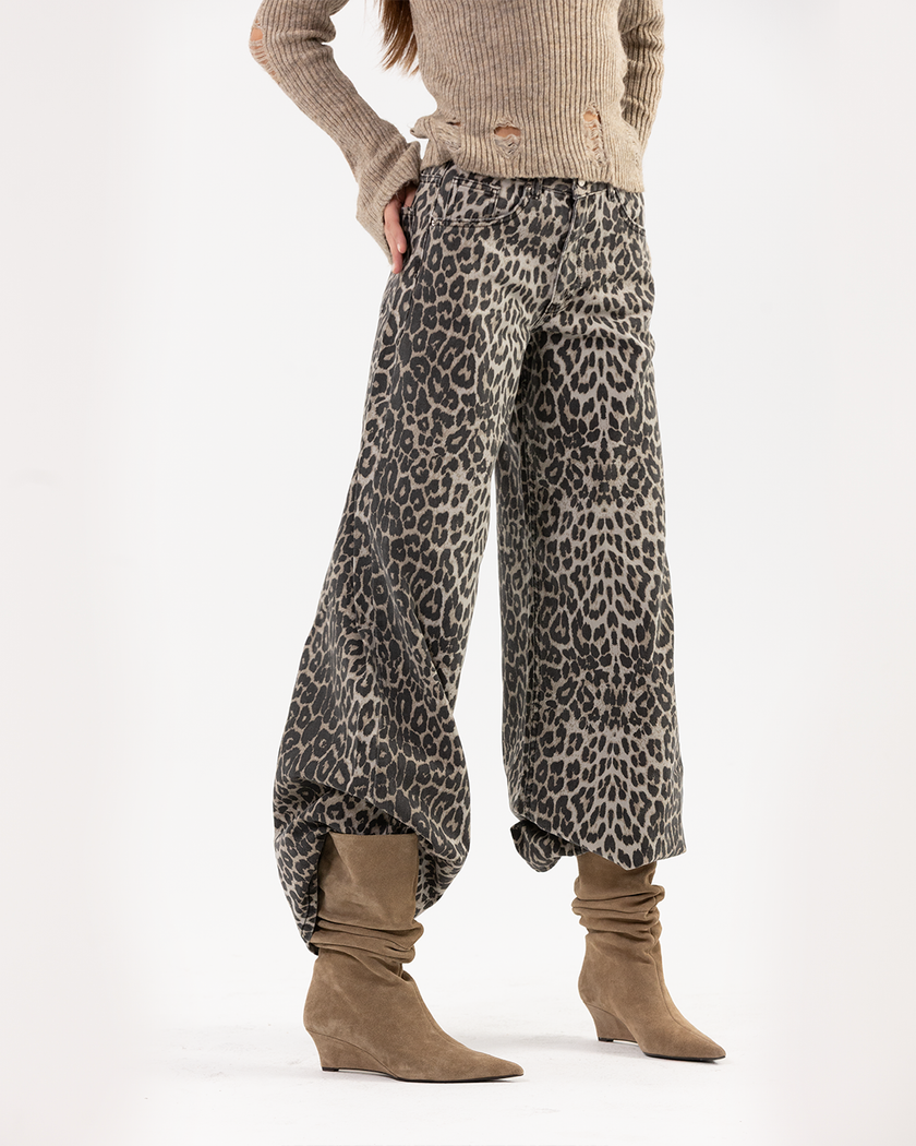 Leopard Print Wide-Leg Denim Jeans