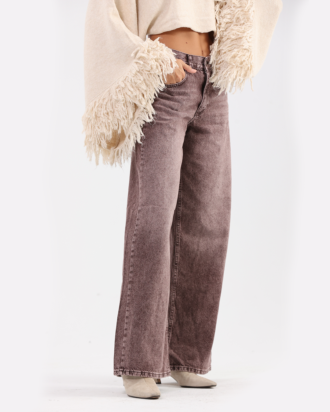 Washed Wide-Leg Denim Jeans with Copper Tone