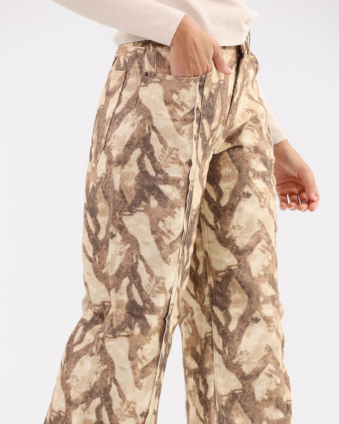 Wide-Leg Fit with an Abstract Brown & Tan Pattern Print Denim