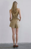 Linen Blend Belted Mini Camel Shorts