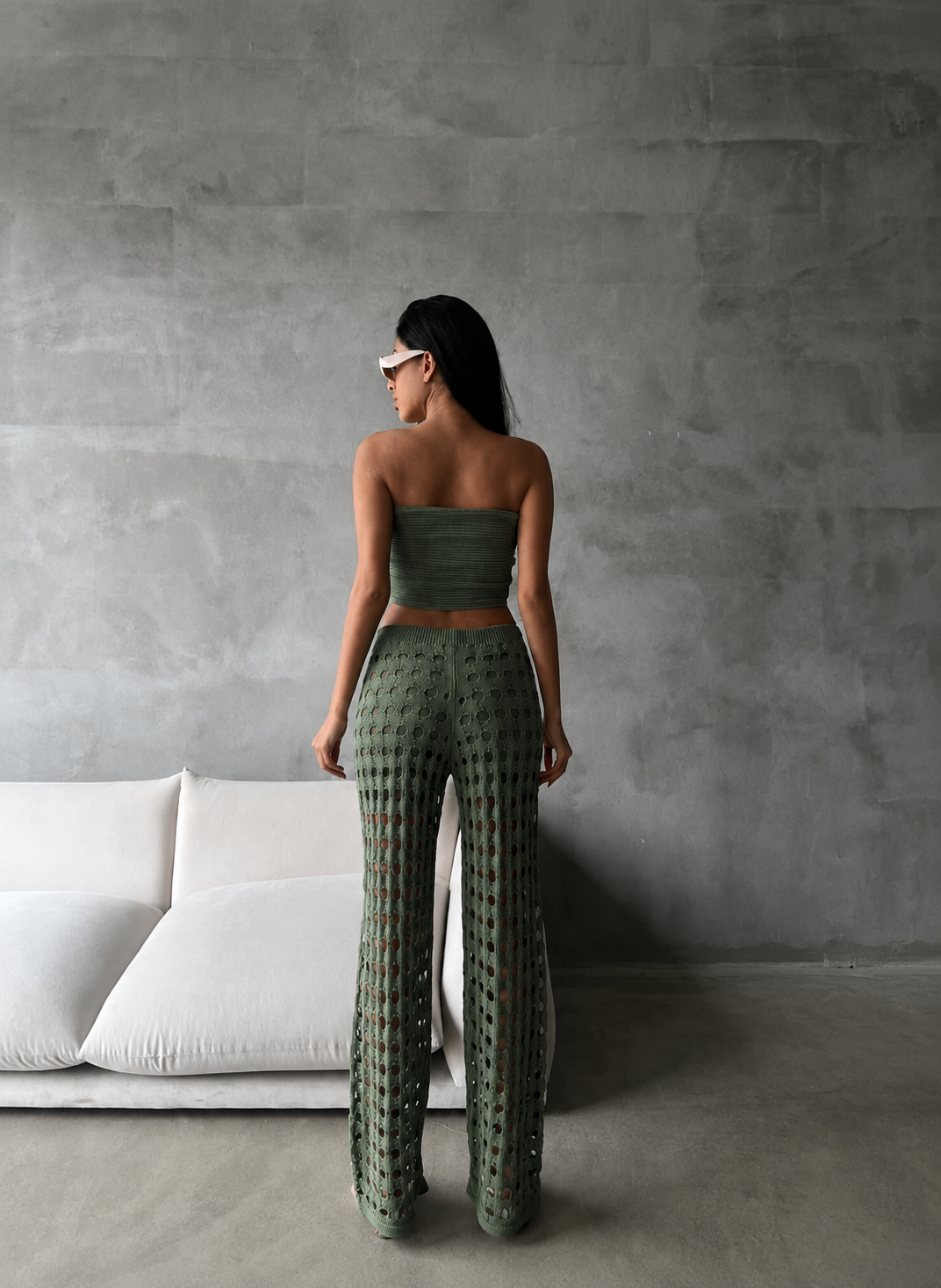 Olive Green Set - Crop Top & Wide-Leg Crochet Pants