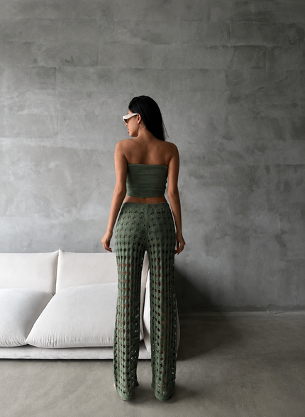Olive Green Set - Crop Top & Wide-Leg Crochet Pants