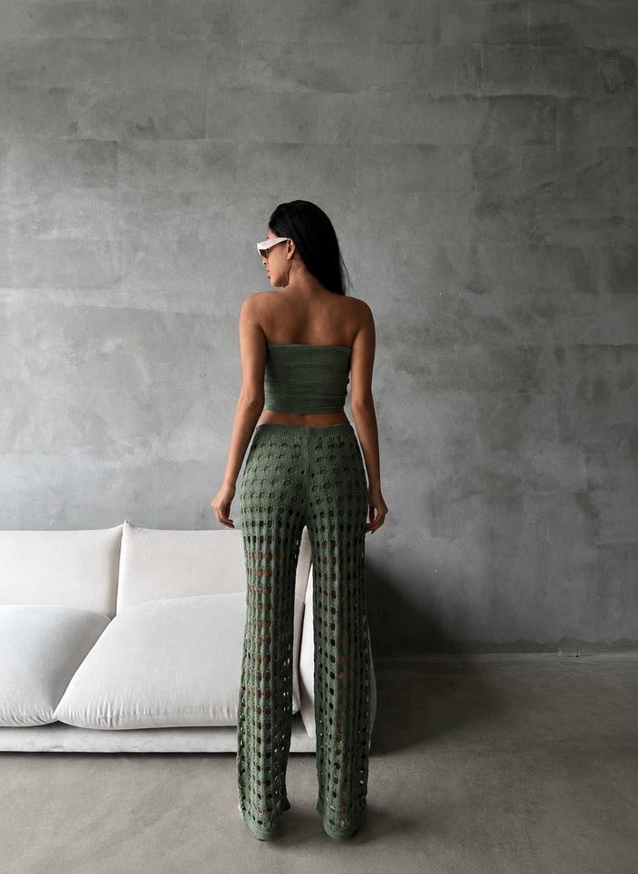Olive Green Set - Crop Top & Wide-Leg Crochet Pants