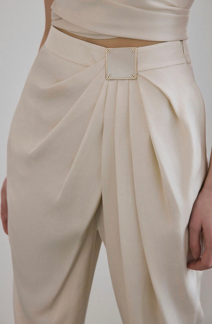 Front Pleated Linen Blend Ecru Trousers