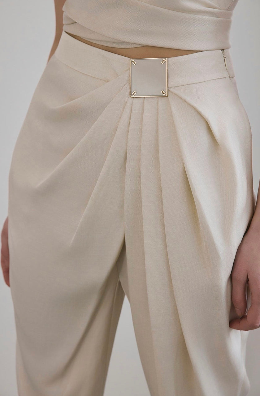 Front Pleated Linen Blend Ecru Trousers