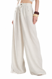 Linen Wide-Leg Trousers with Pearl and Stone Detail