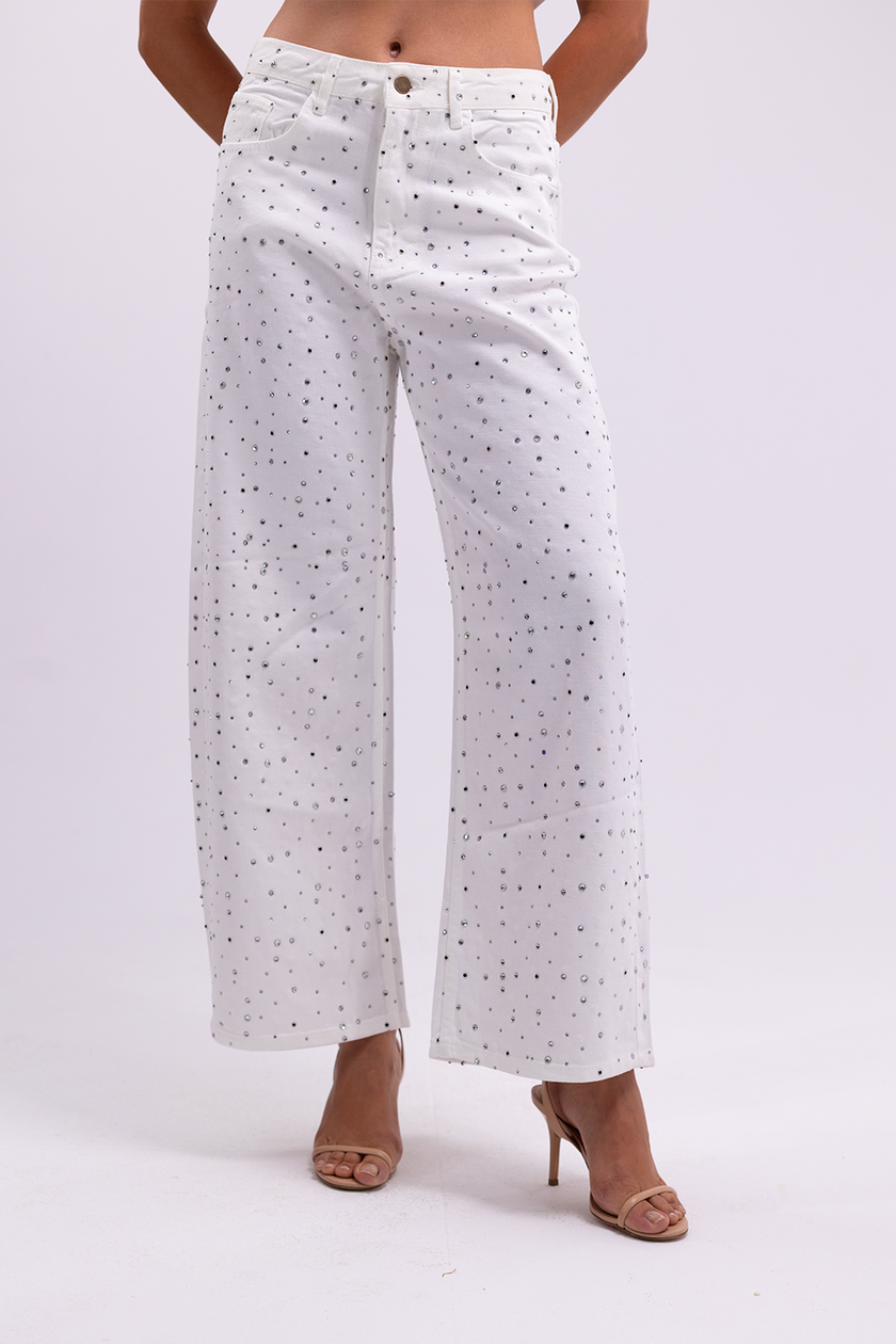 Embellished White Straight Jeans