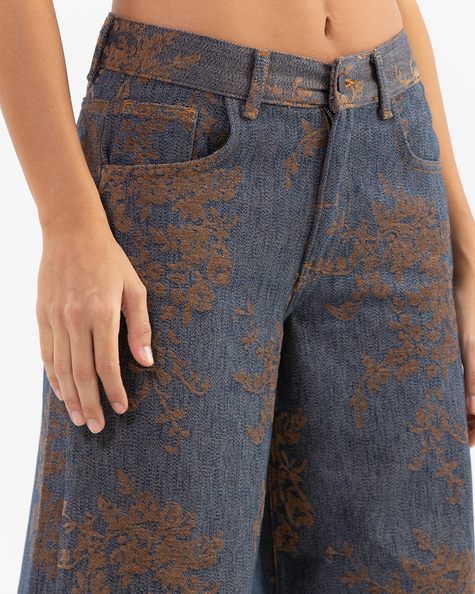 Wide-Leg Brown Floral Flocked Jacquard Pattern