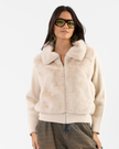 Cream Zip-up Jacket with Faux Fur Collar and Ribbed Knit Sleeves