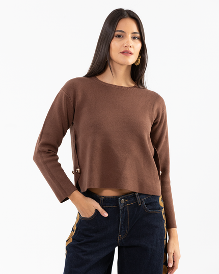 Brown Asymmetric Button Knit