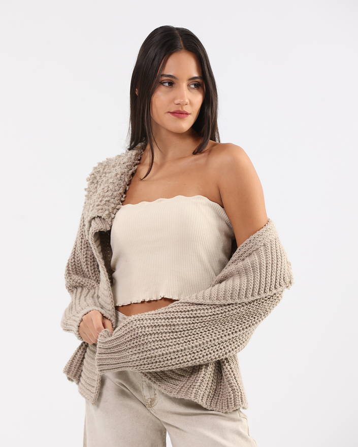 Beige Textured Knot Cardigan