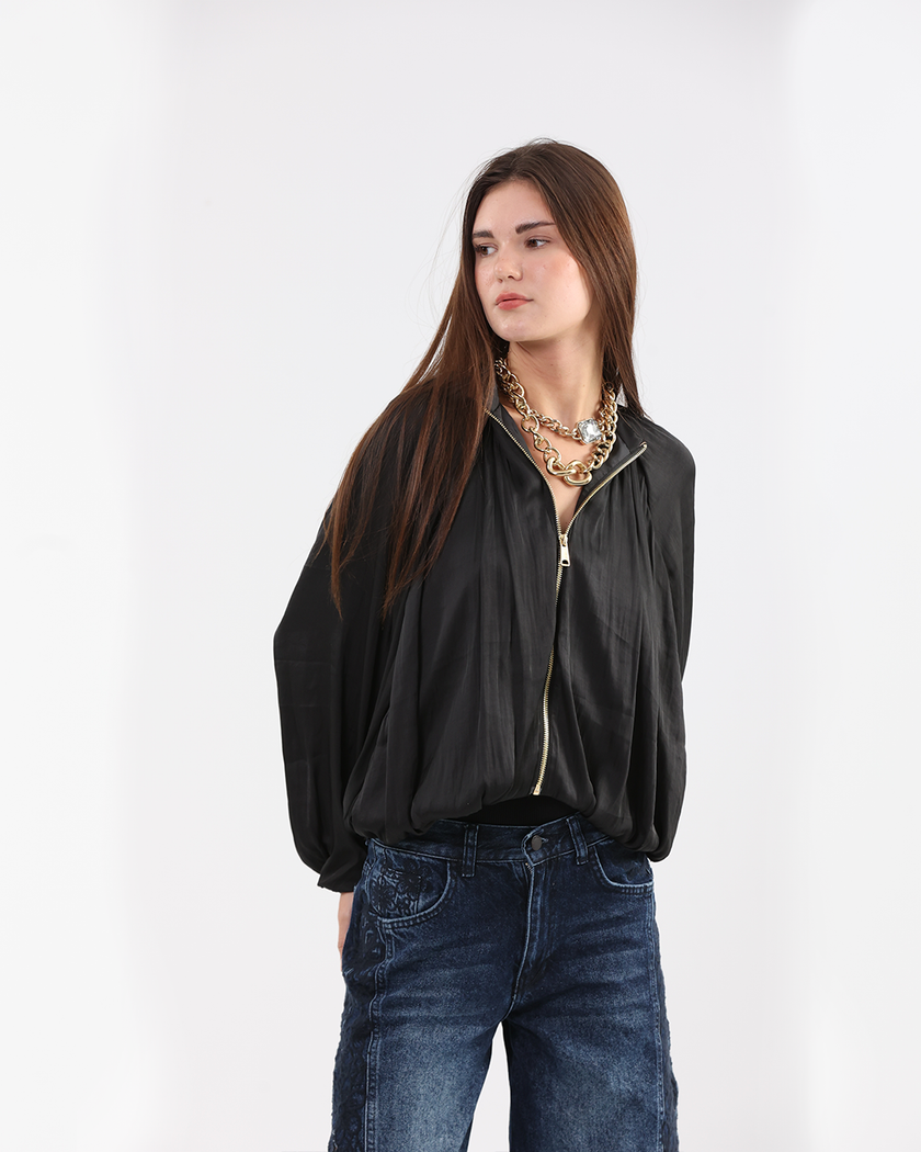 Black Draped gold Zip-up Jacket