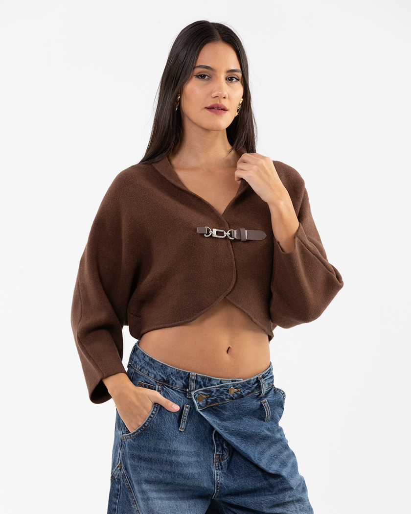Buckle-Front Cropped Brown Jacket