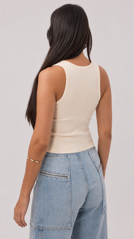 Creme Ribbed Top with Metal Button Detail