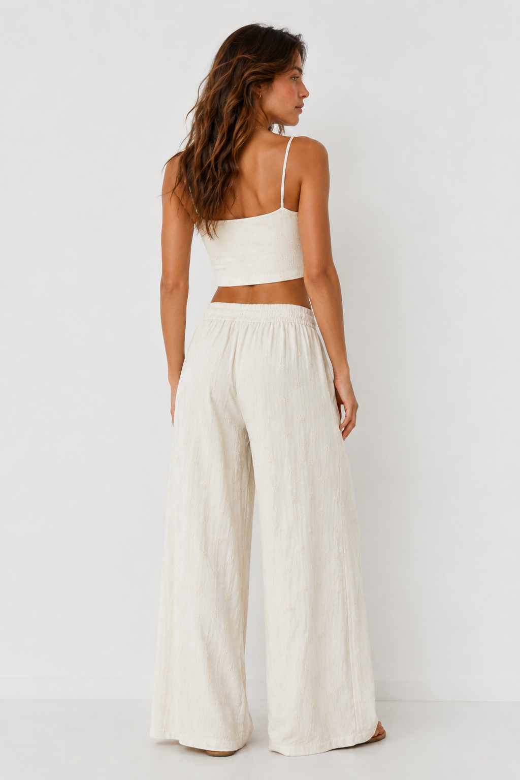 Ivory Embroidered Wide-Leg Pants with Bead Detail