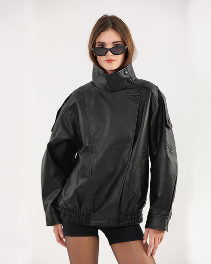 Oversized Black Leather Biker Jacket