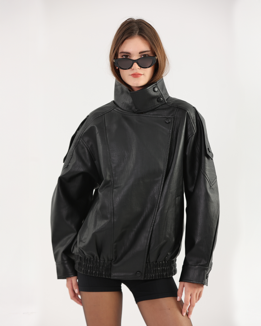 Oversized Black Leather Biker Jacket