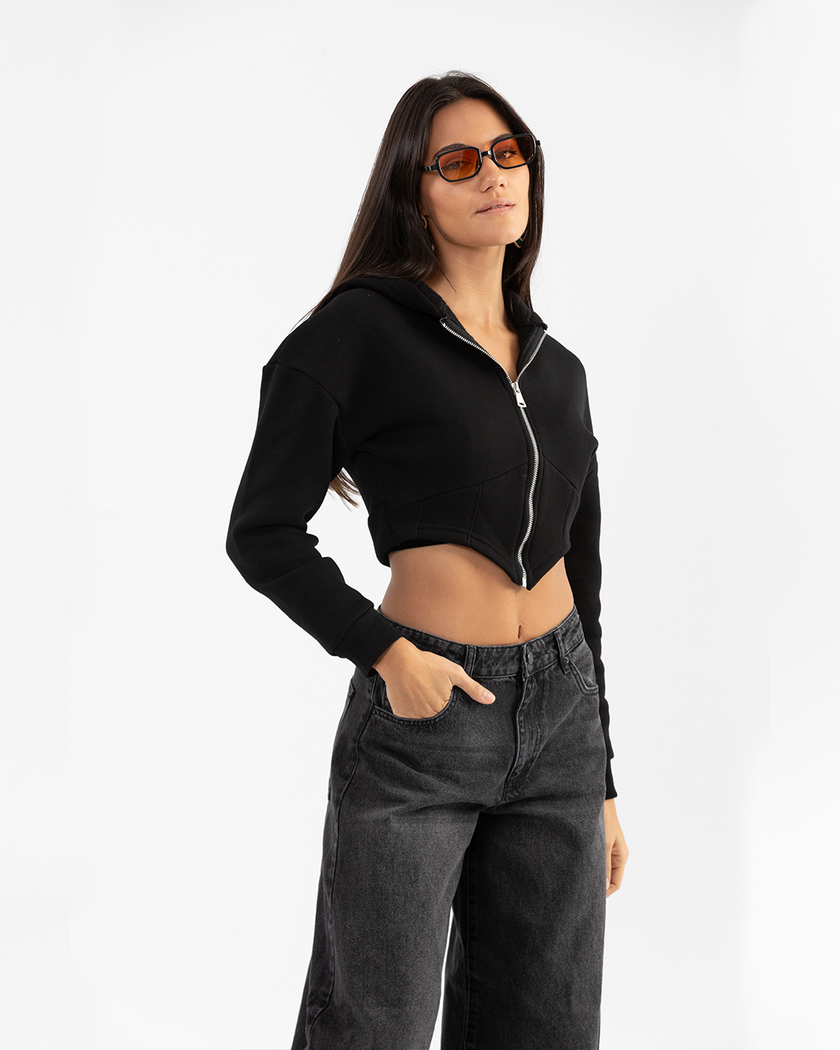 Cropped Black Corset Style Zip-up Hoodie