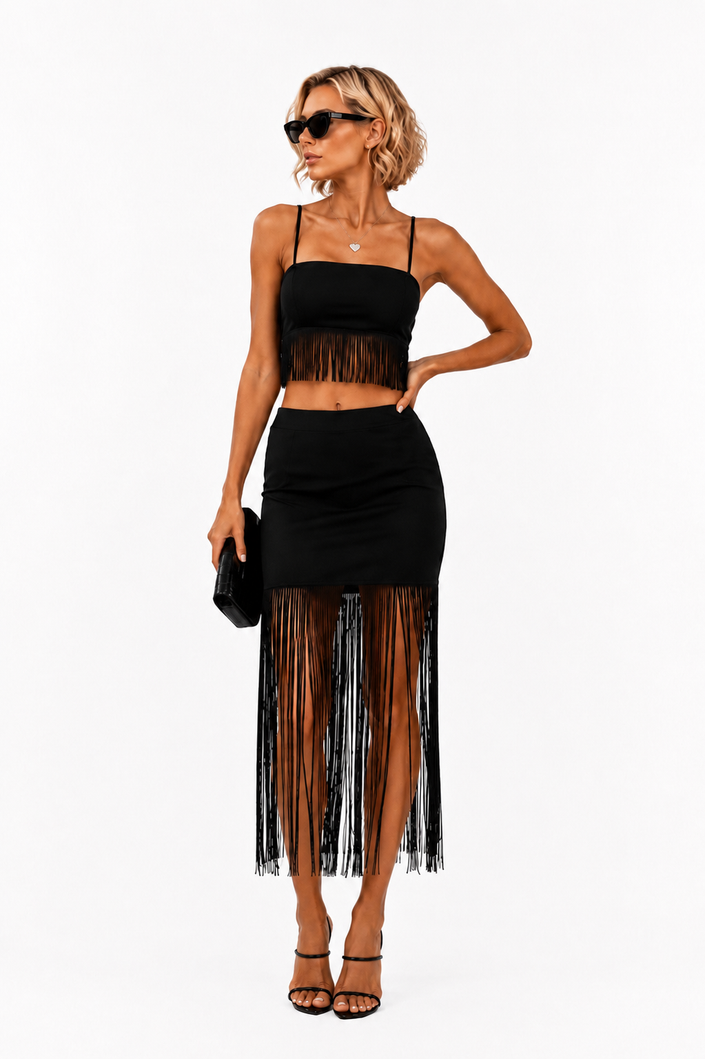 Black Tassel Detail Strappy Crop Top