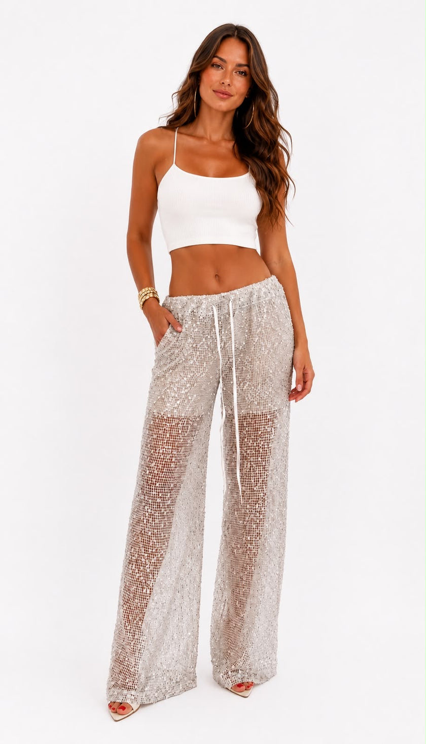 Champagne Sheer Sequin Wide Leg - Ankle Tie Pants