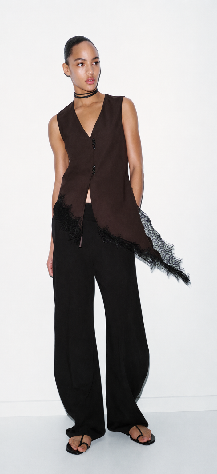 Brown V-Neck Asymmetric top with Lace Trim