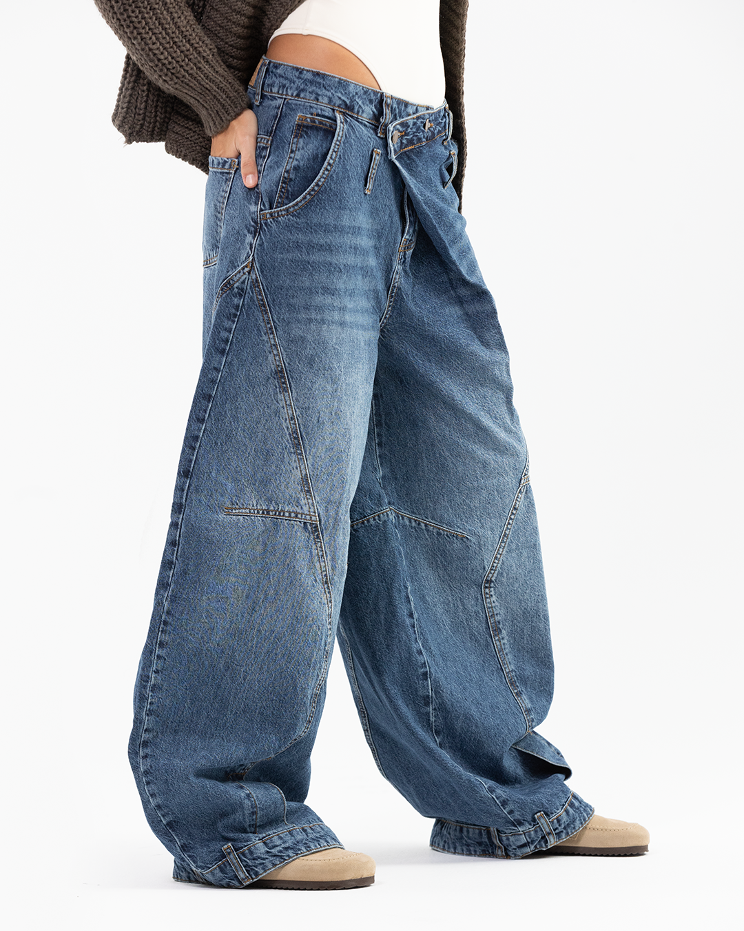 Wide-Leg Blue Denim Jeans with Asymmetric Waistband