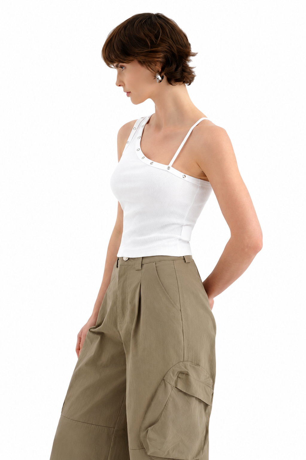 Cream Ribbed Tanktop with Silver Stud Detail