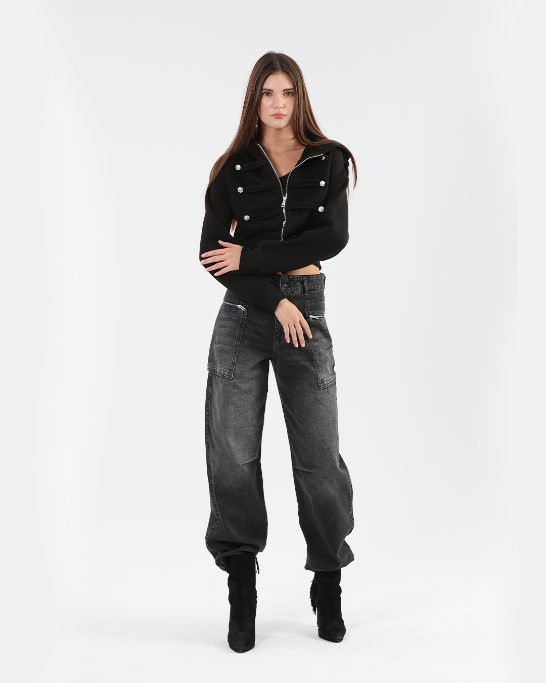 Black Zip Hoodie with Silver Decorative Buttons