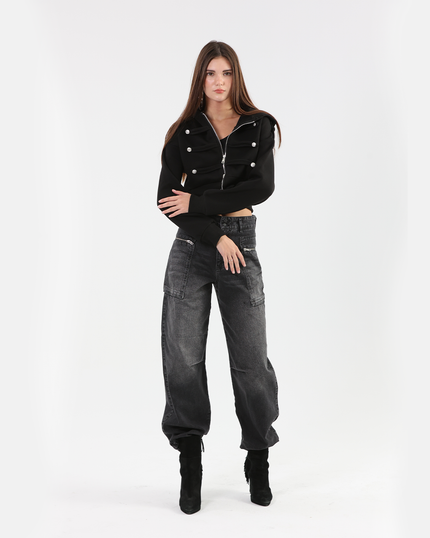 Black Zip Hoodie with Silver Decorative Buttons
