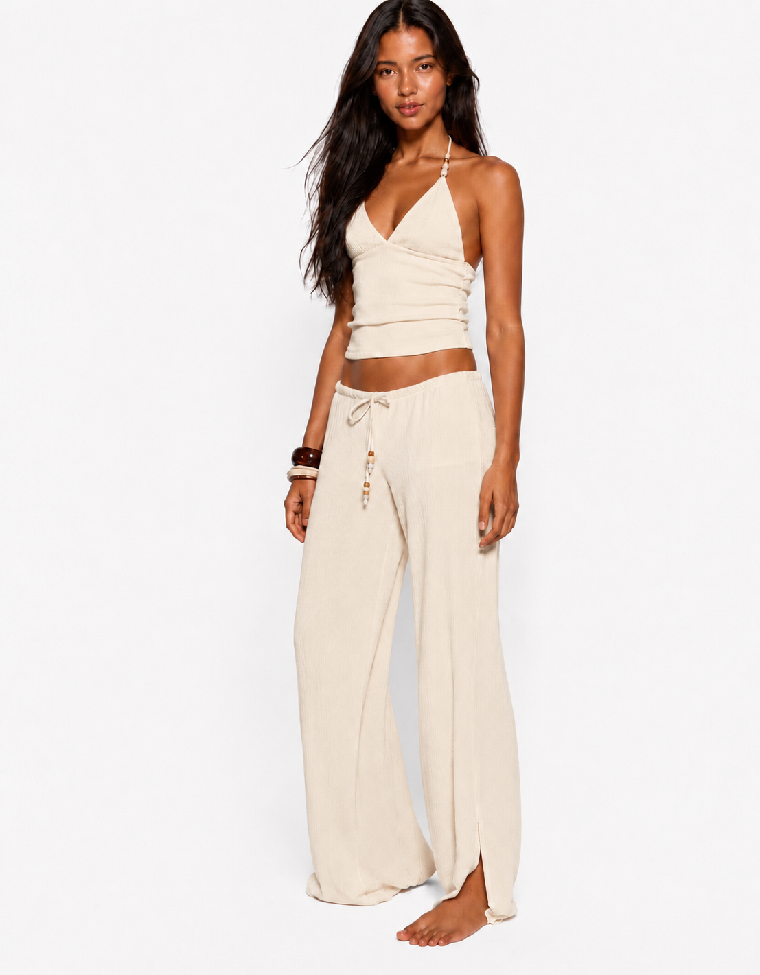 Off White Ribbed Halter Top with Bead Detail Straps