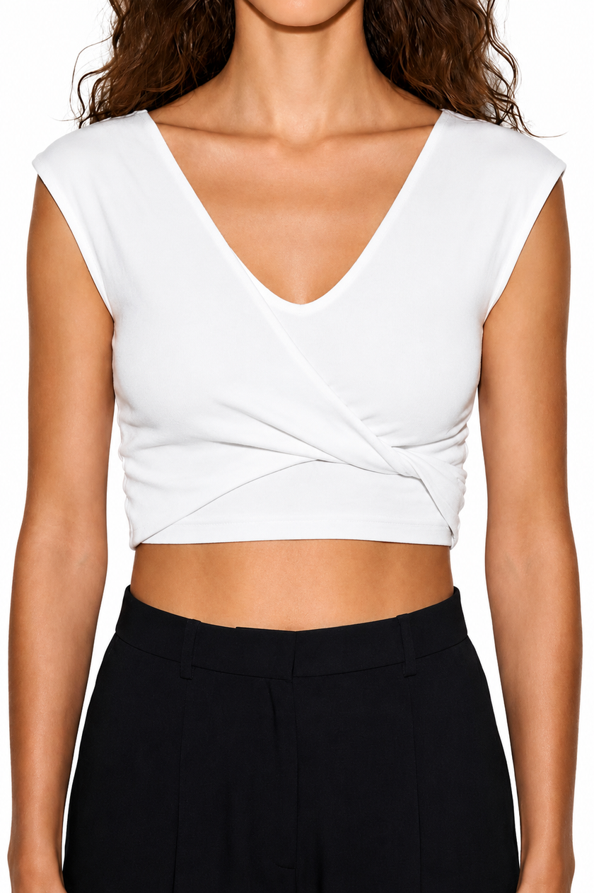 White Deep V Neck with Front Twist Detail