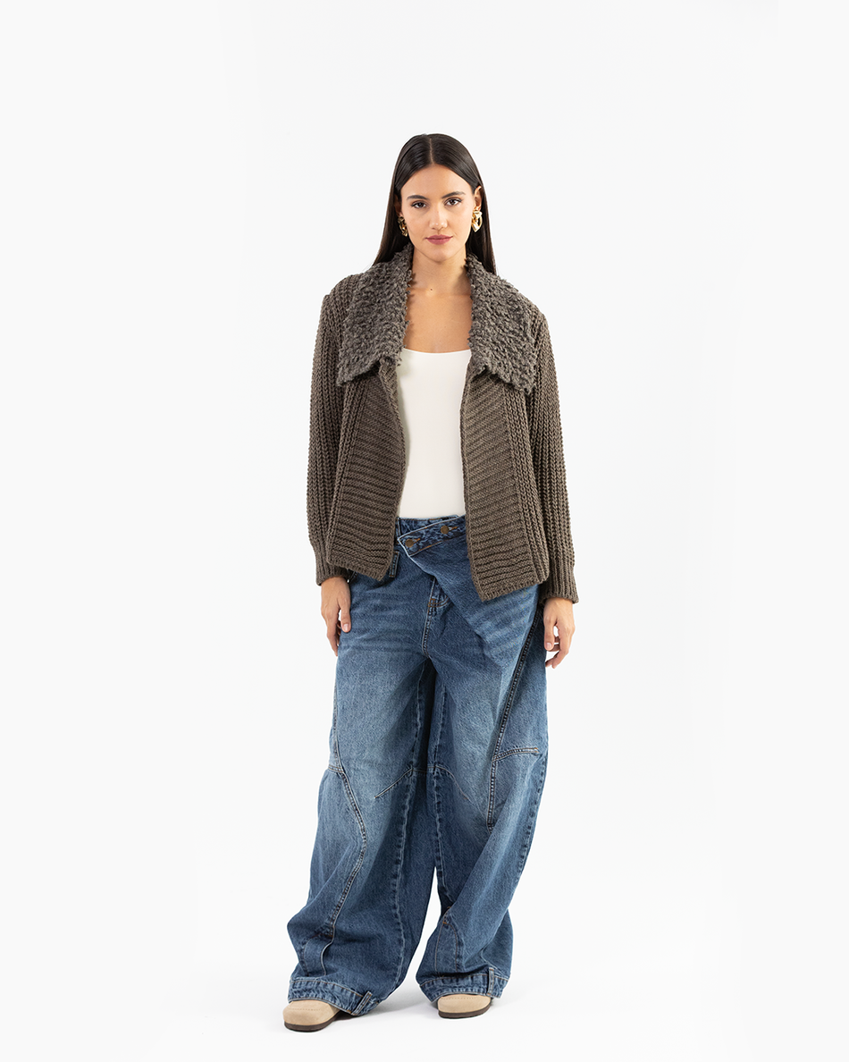 Grey Textured Knot Cardigan