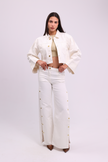Wide-Leg Denim with Side Slit Gold Buttons