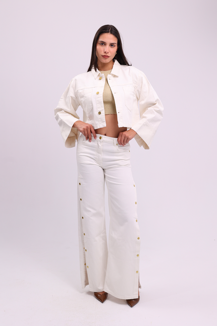 Wide-Leg Denim with Side Slit Gold Buttons