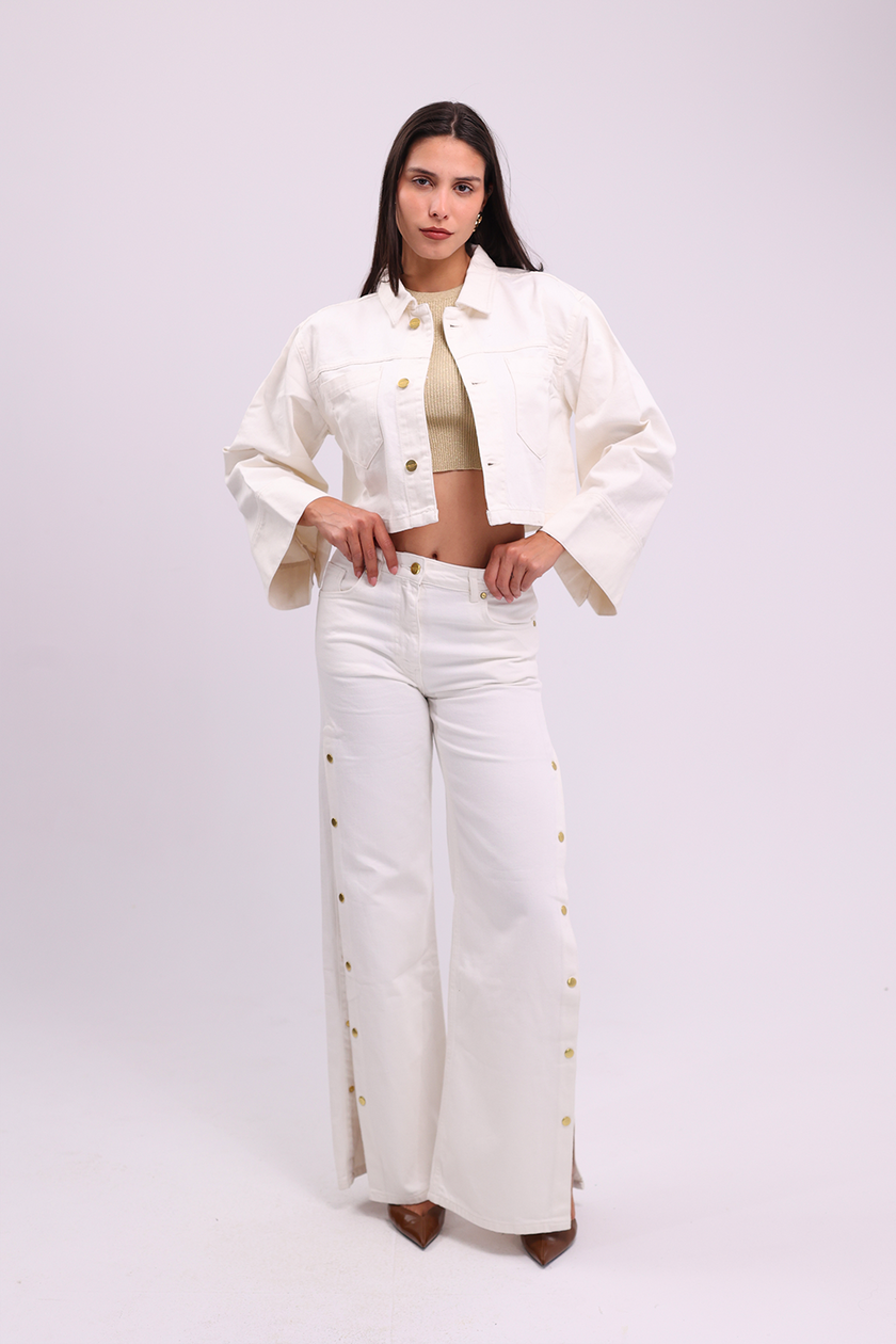 Wide-Leg Denim with Side Slit Gold Buttons