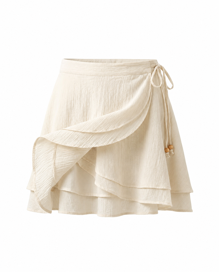 Beige Mini Skort with Ruffle Wrap Design
