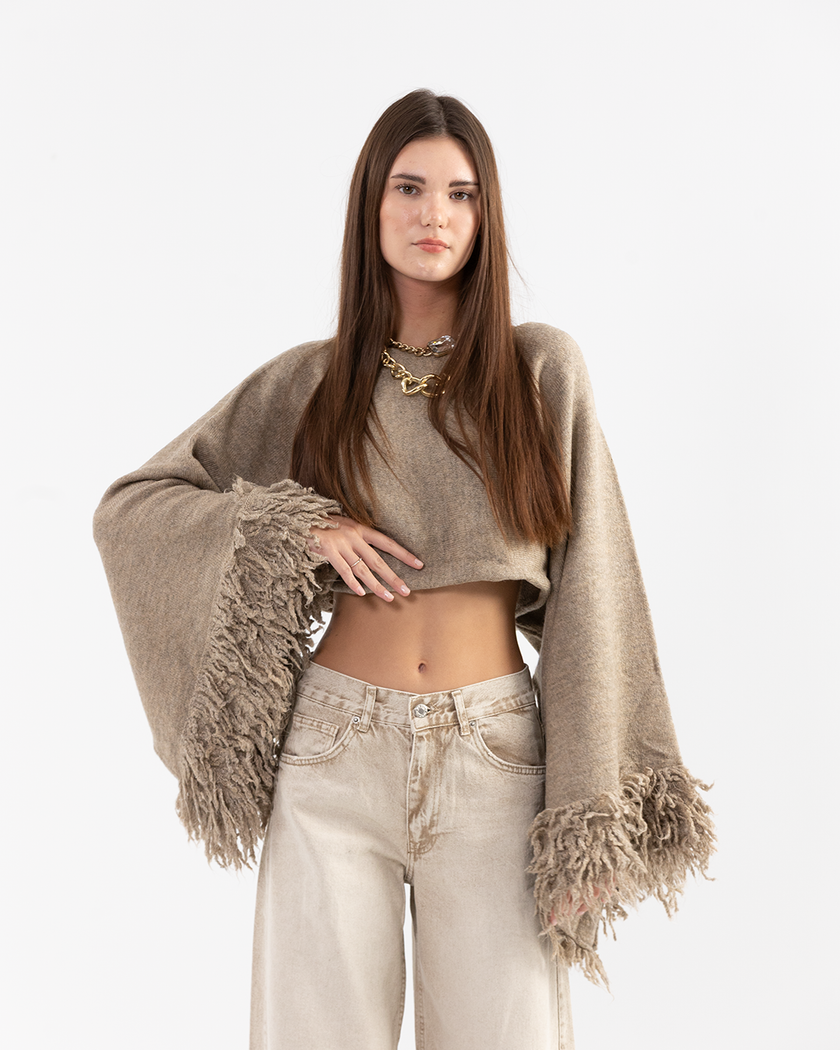Greige Fringe Sleeve Pullover