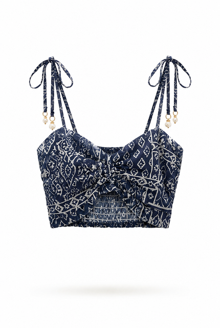 Navy Blue Crop Top with Geomatric Pattern