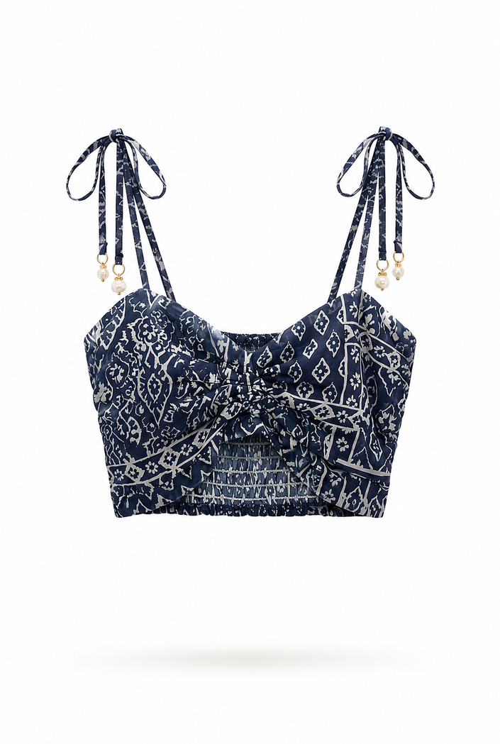 Navy Blue Crop Top with Geomatric Pattern