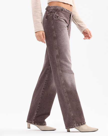 Brown Washed Low-Waist Jeans with Unique Belt-loop Detail at the Waist