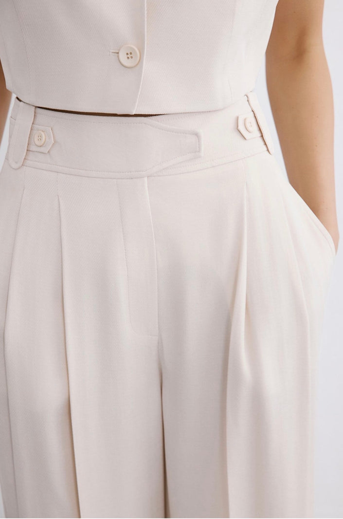 High Waist Wide Leg Pleated Ecru Trousers