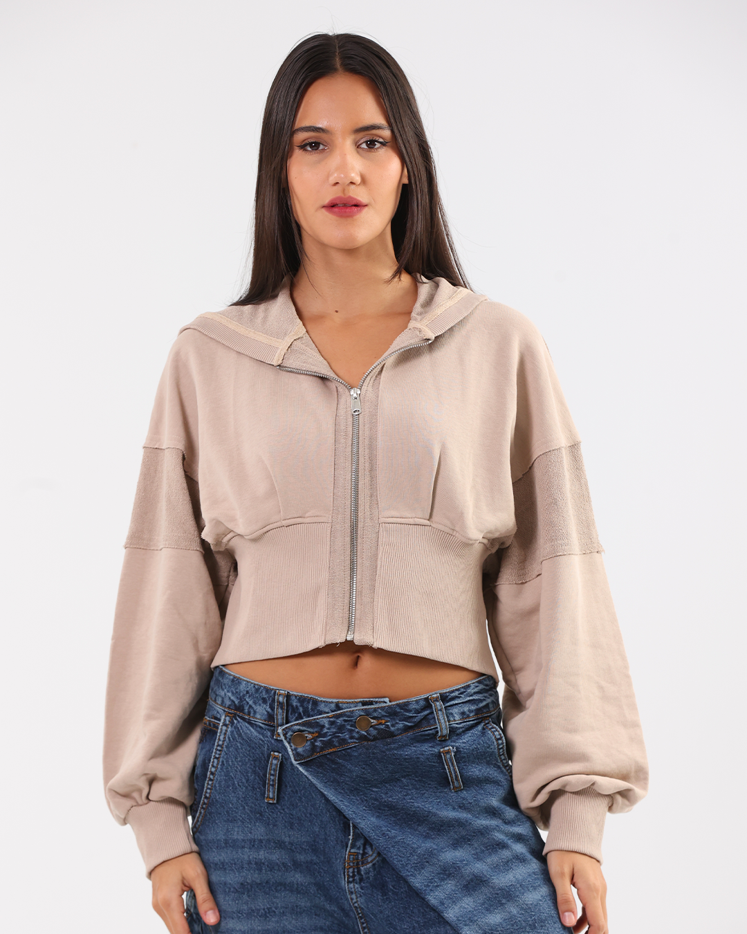 Beige Cropped Corset Style Zip-up Hoodie