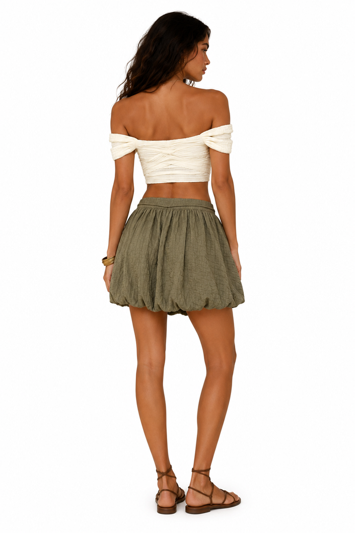Olive Puff Mini Skirt with Thin Beaded Belt