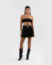 Black Pleated Mini Skort with Asymmetric Layered Design with Black Belt